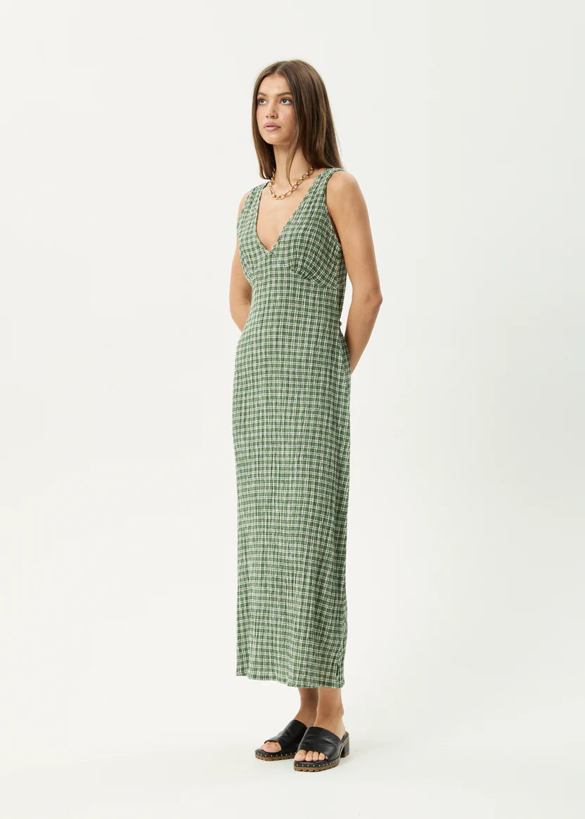 AFENDS TULLY SEERSUCKER MAXI DRESS - BASE DEEP GREEN CHECK
