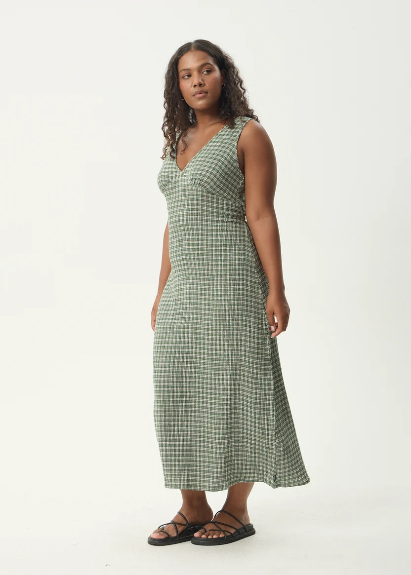 AFENDS TULLY SEERSUCKER MAXI DRESS - BASE DEEP GREEN CHECK