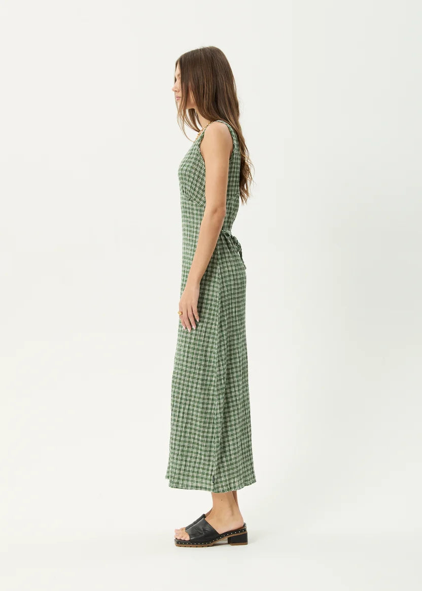 AFENDS TULLY SEERSUCKER MAXI DRESS - BASE DEEP GREEN CHECK