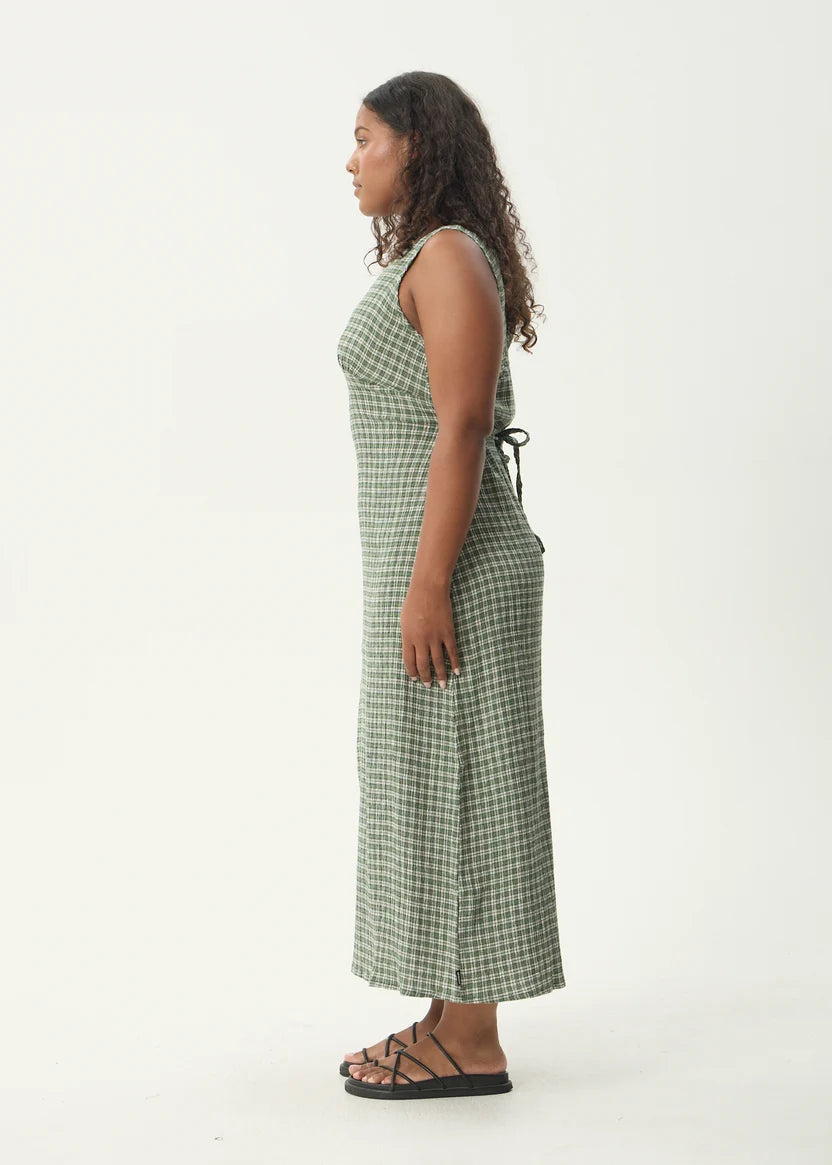 AFENDS TULLY SEERSUCKER MAXI DRESS - BASE DEEP GREEN CHECK