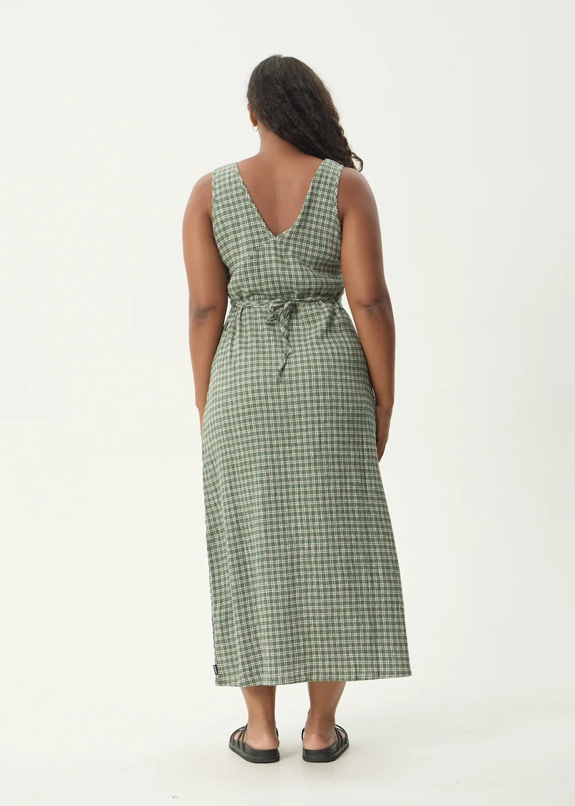 AFENDS TULLY SEERSUCKER MAXI DRESS - BASE DEEP GREEN CHECK