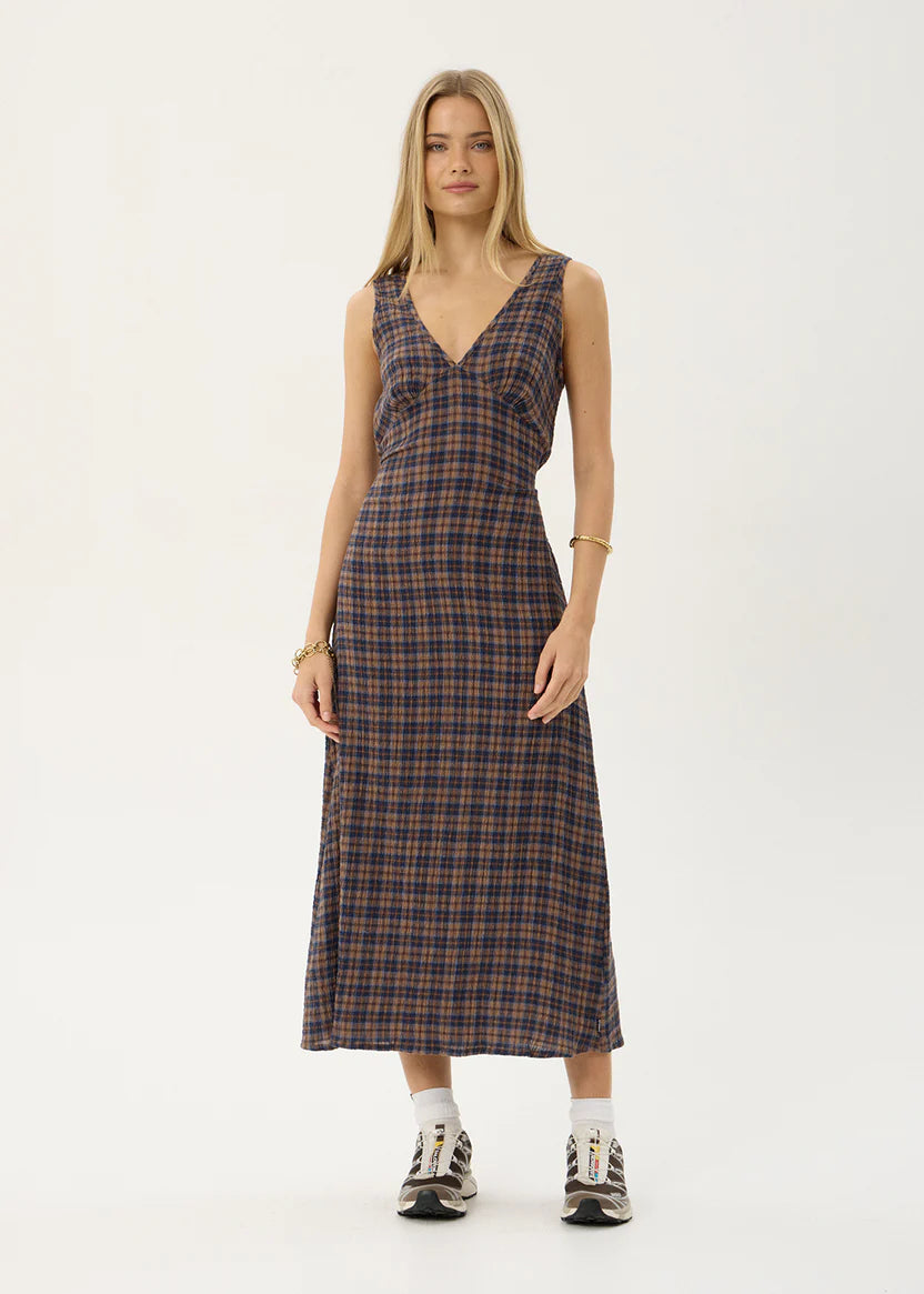 AFENDS TULLY SEERSUCKER MAXI DRESS - SHEV INDIGO CHECK