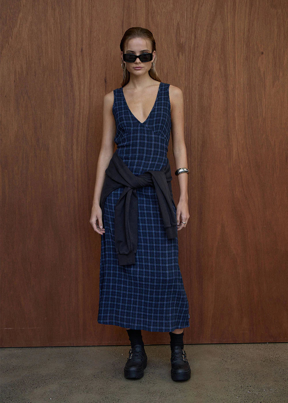 AFENDS TULLY SEERSUCKER MAXI DRESS - THEA MIDNIGHT CHECK