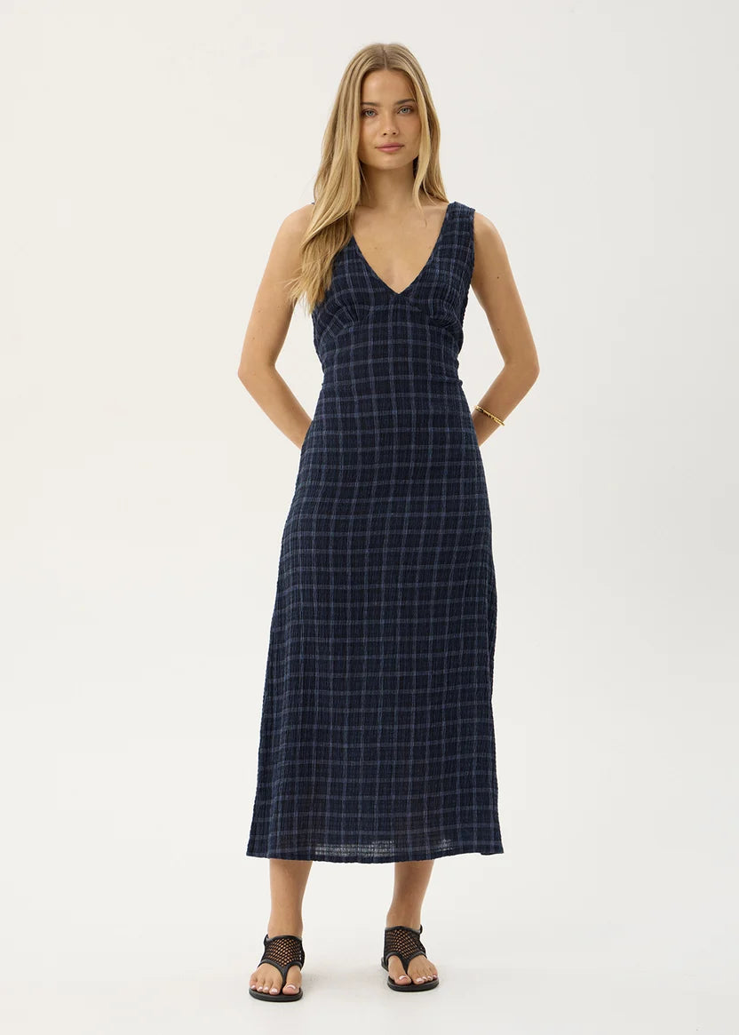 AFENDS TULLY SEERSUCKER MAXI DRESS - THEA MIDNIGHT CHECK