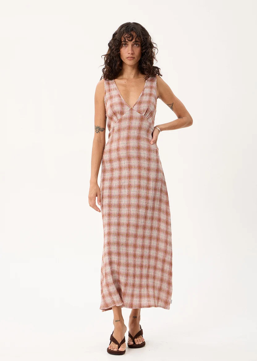 AFENDS TULLY SEERSUCKER MAXI DRESS - DESERT CHECK