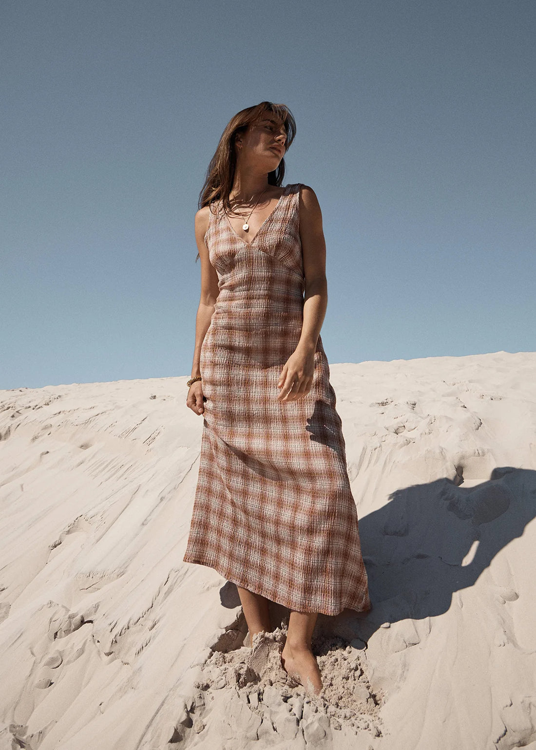 AFENDS TULLY SEERSUCKER MAXI DRESS - DESERT CHECK