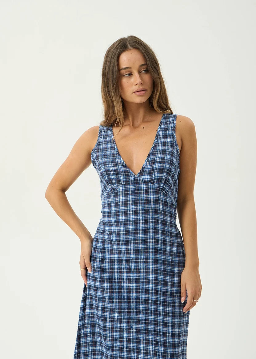 AFENDS TULLY SEERSUCKER MAXI DRESS - MOUNTAINS NAVY RED CHECK
