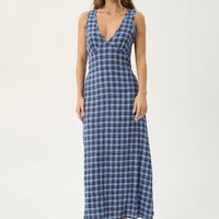AFENDS TULLY SEERSUCKER MAXI DRESS - MOUNTAINS NAVY RED CHECK