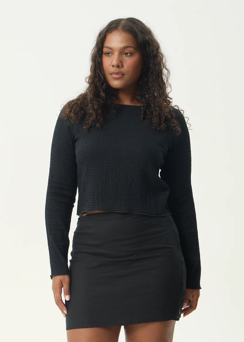 AFENDS FOCUS SEERSUCKER LONG SLEEVE TOP - BLACK