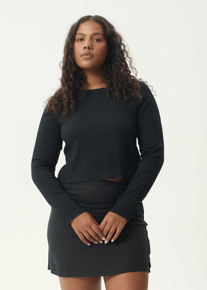 AFENDS FOCUS SEERSUCKER LONG SLEEVE TOP - BLACK
