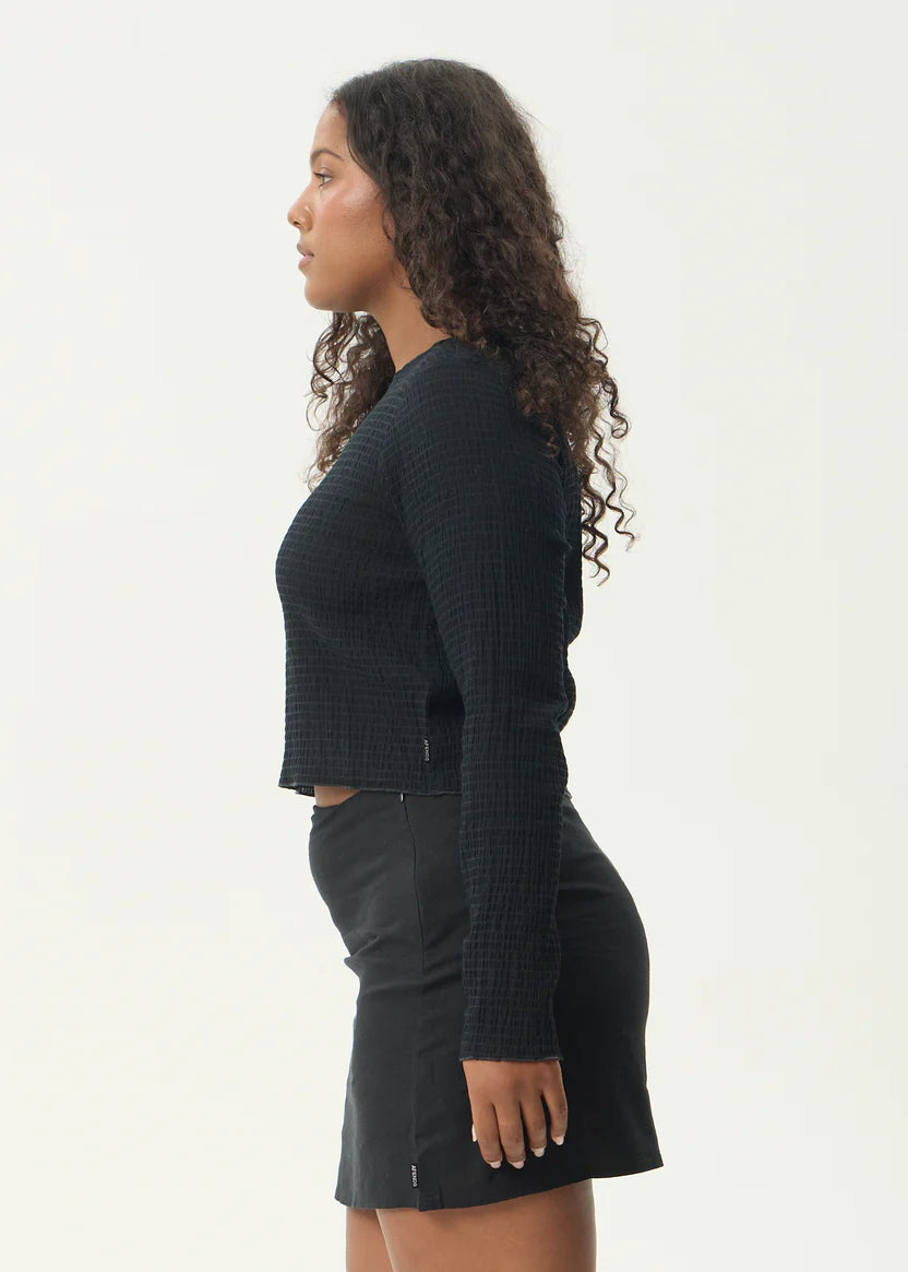 AFENDS FOCUS SEERSUCKER LONG SLEEVE TOP - BLACK