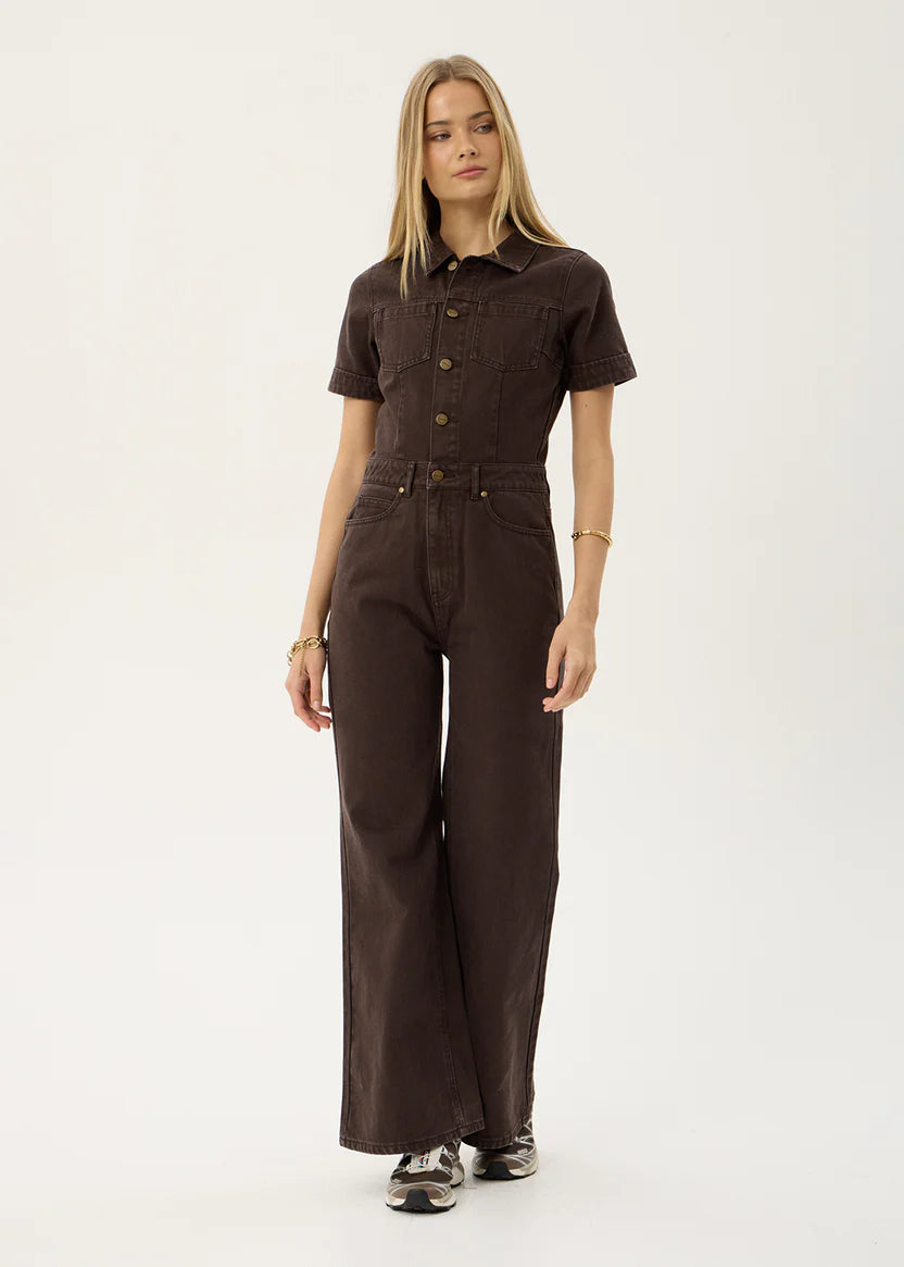 AFENDS MIAMI DENIM FLARED LEG JUMPSUIT - WASHED COFFEE