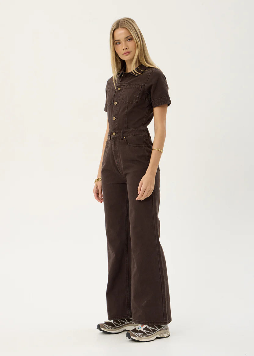 AFENDS MIAMI DENIM FLARED LEG JUMPSUIT - WASHED COFFEE