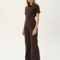 AFENDS MIAMI DENIM FLARED LEG JUMPSUIT - WASHED COFFEE