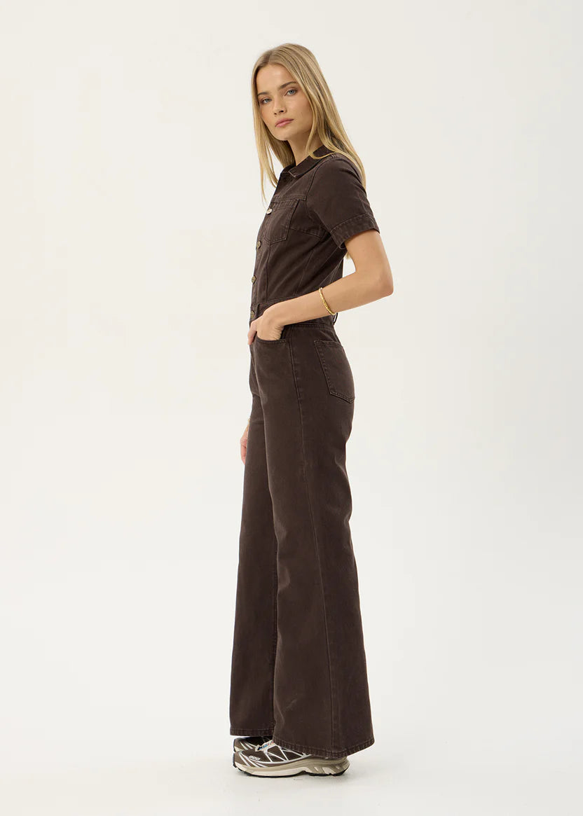 AFENDS MIAMI DENIM FLARED LEG JUMPSUIT - WASHED COFFEE