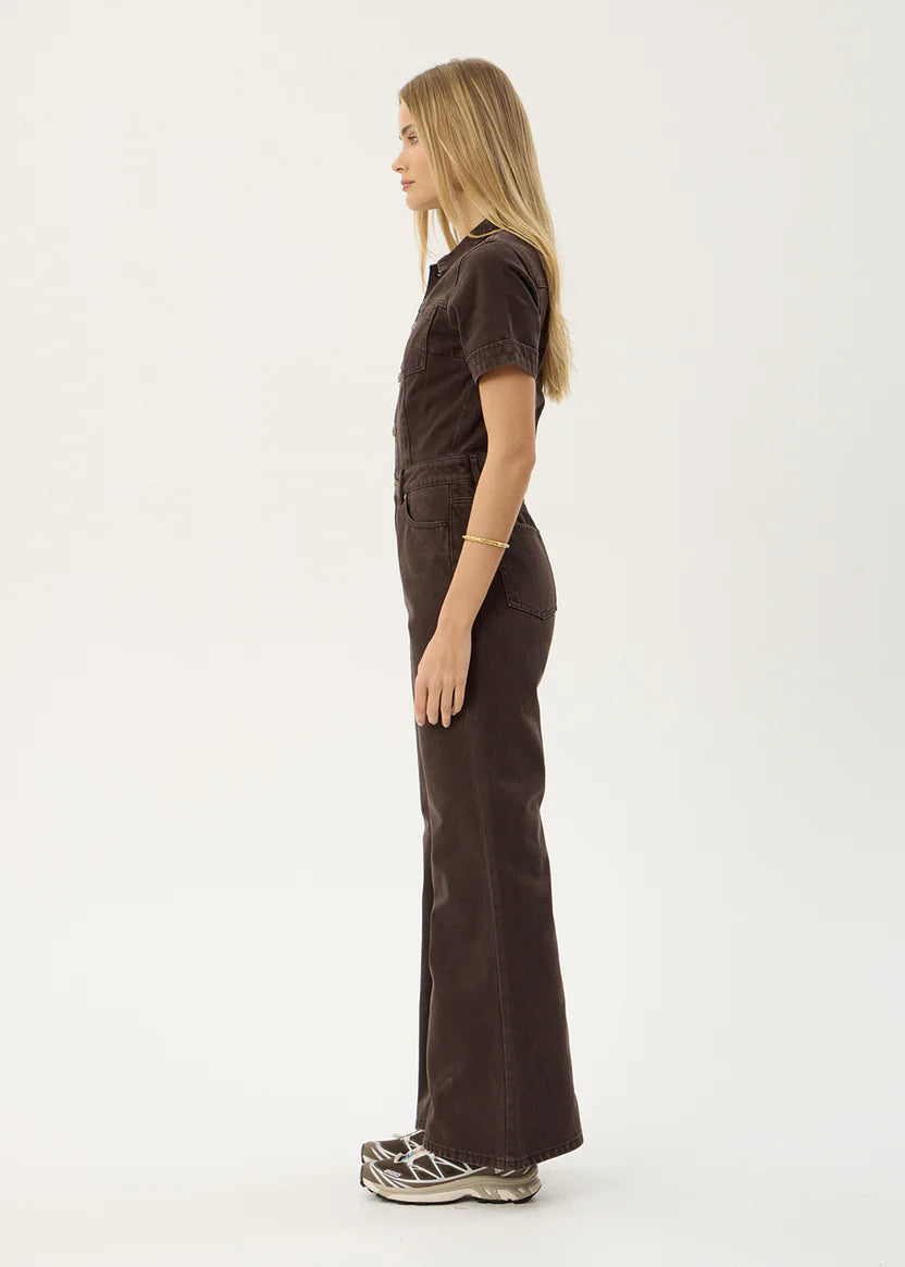AFENDS MIAMI DENIM FLARED LEG JUMPSUIT - WASHED COFFEE