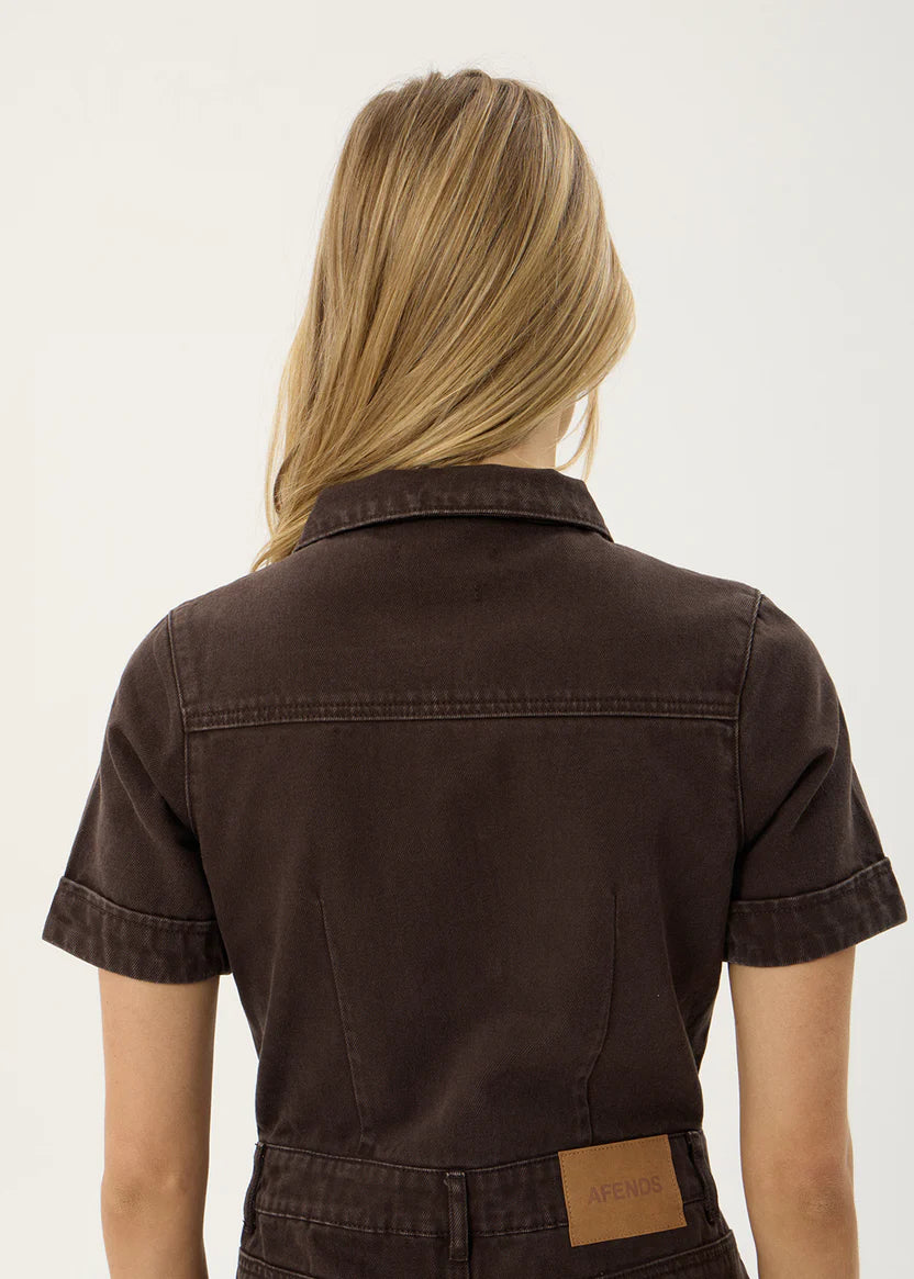 AFENDS MIAMI DENIM FLARED LEG JUMPSUIT - WASHED COFFEE