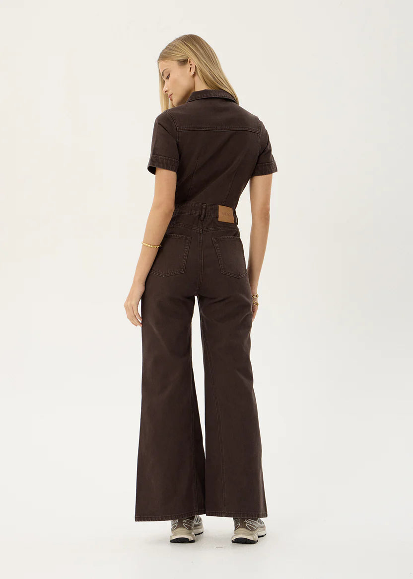 AFENDS MIAMI DENIM FLARED LEG JUMPSUIT - WASHED COFFEE