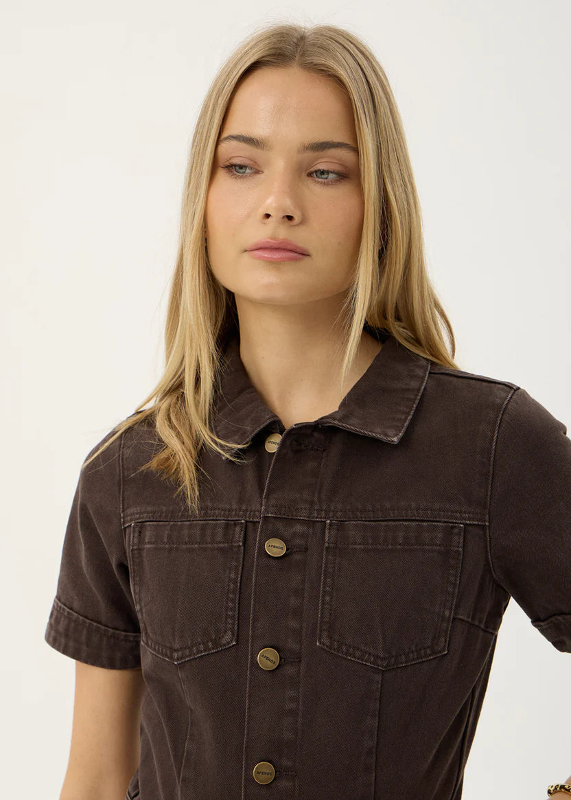 AFENDS MIAMI DENIM FLARED LEG JUMPSUIT - WASHED COFFEE
