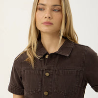AFENDS MIAMI DENIM FLARED LEG JUMPSUIT - WASHED COFFEE