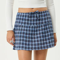 AFENDS MOUNTAINS HEMP SEERSUCKER MINI SKIRT - NAVY RED CHECK