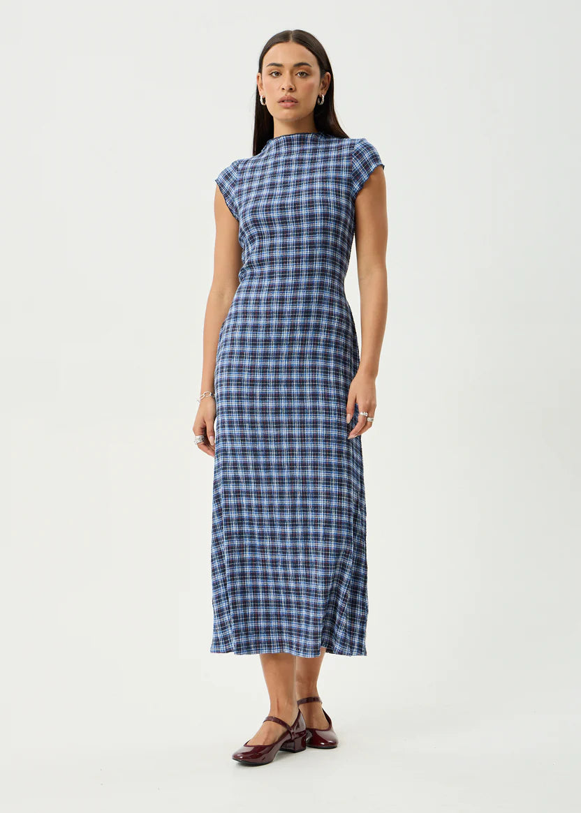 AFENDS MOUNTAIN HEMP SEERSUCKER MIDI DRESS - NAVY RED CHECK