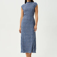 AFENDS MOUNTAIN HEMP SEERSUCKER MIDI DRESS - NAVY RED CHECK