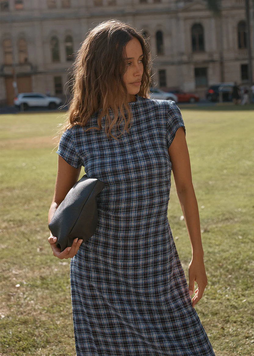 AFENDS MOUNTAIN HEMP SEERSUCKER MIDI DRESS - NAVY RED CHECK