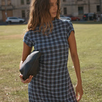 AFENDS MOUNTAIN HEMP SEERSUCKER MIDI DRESS - NAVY RED CHECK