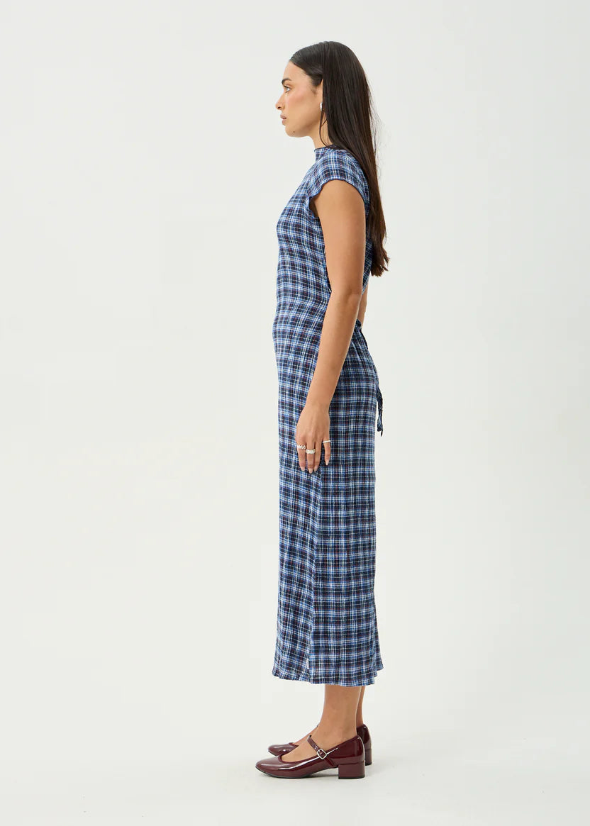 AFENDS MOUNTAIN HEMP SEERSUCKER MIDI DRESS - NAVY RED CHECK