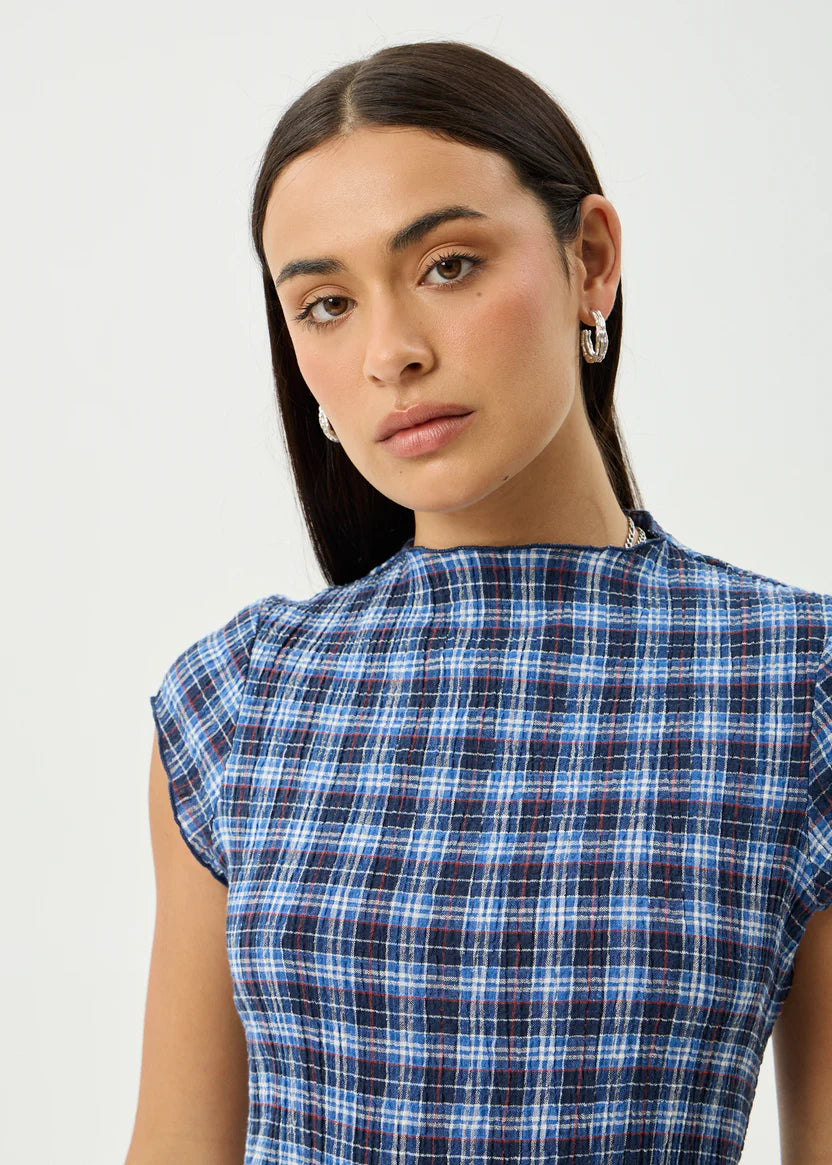 AFENDS MOUNTAIN HEMP SEERSUCKER MIDI DRESS - NAVY RED CHECK
