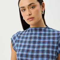 AFENDS MOUNTAIN HEMP SEERSUCKER MIDI DRESS - NAVY RED CHECK