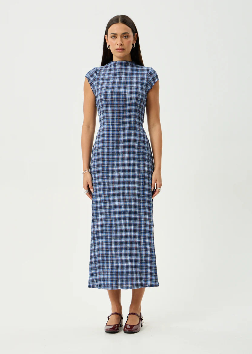AFENDS MOUNTAIN HEMP SEERSUCKER MIDI DRESS - NAVY RED CHECK