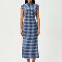AFENDS MOUNTAIN HEMP SEERSUCKER MIDI DRESS - NAVY RED CHECK