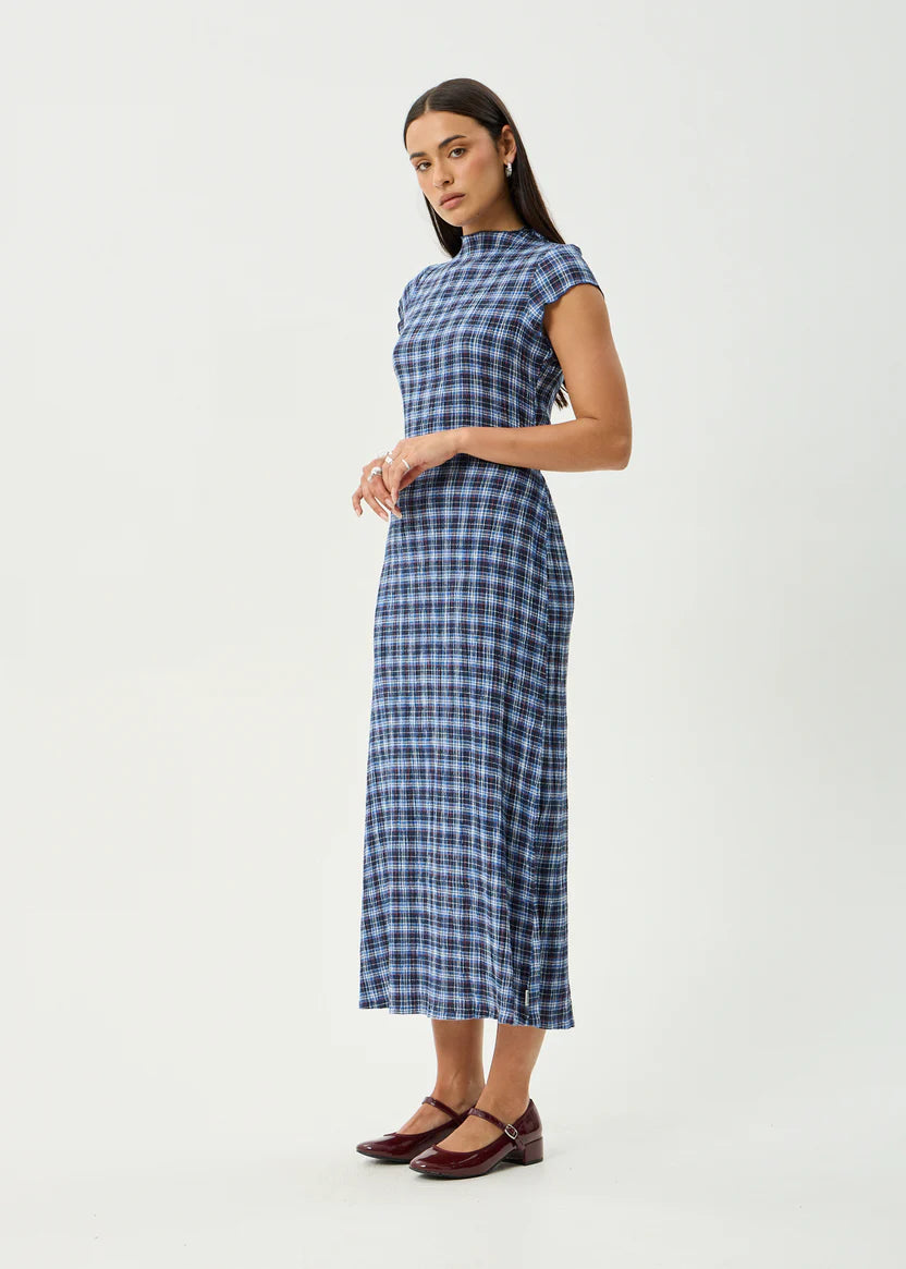 AFENDS MOUNTAIN HEMP SEERSUCKER MIDI DRESS - NAVY RED CHECK