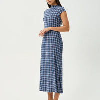 AFENDS MOUNTAIN HEMP SEERSUCKER MIDI DRESS - NAVY RED CHECK