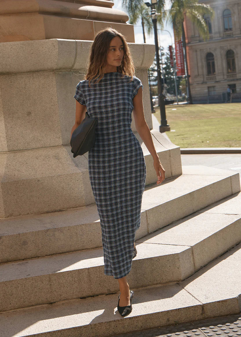 AFENDS MOUNTAIN HEMP SEERSUCKER MIDI DRESS - NAVY RED CHECK