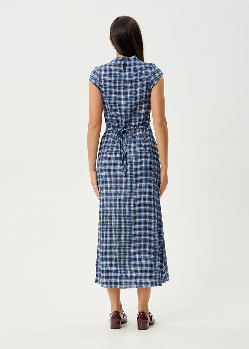 AFENDS MOUNTAIN HEMP SEERSUCKER MIDI DRESS - NAVY RED CHECK