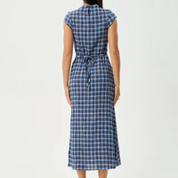 AFENDS MOUNTAIN HEMP SEERSUCKER MIDI DRESS - NAVY RED CHECK