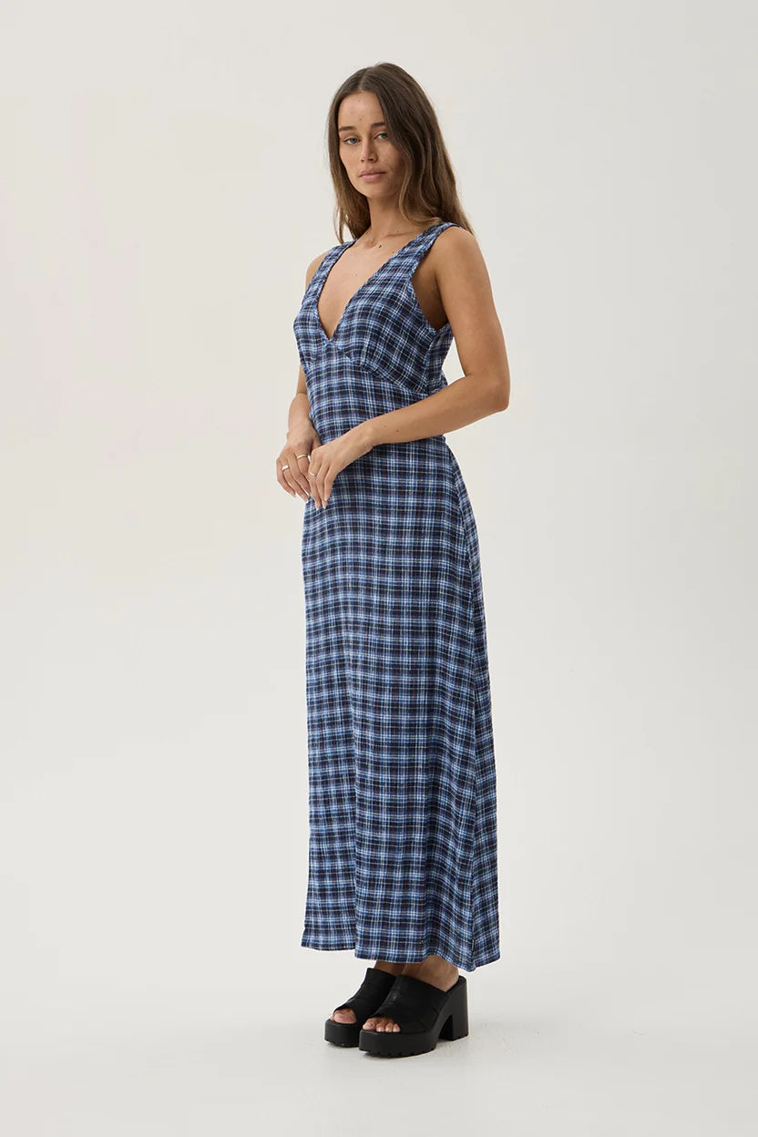 AFENDS MOUNTAIN TULLY HEMP SEERSUCKER MAXI DRESS - NAVY RED CHECK