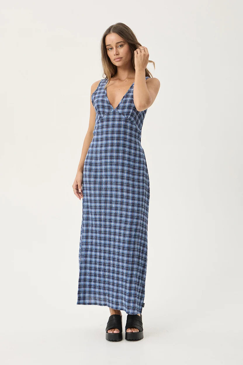 AFENDS MOUNTAIN TULLY HEMP SEERSUCKER MAXI DRESS - NAVY RED CHECK