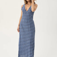 AFENDS MOUNTAIN TULLY HEMP SEERSUCKER MAXI DRESS - NAVY RED CHECK