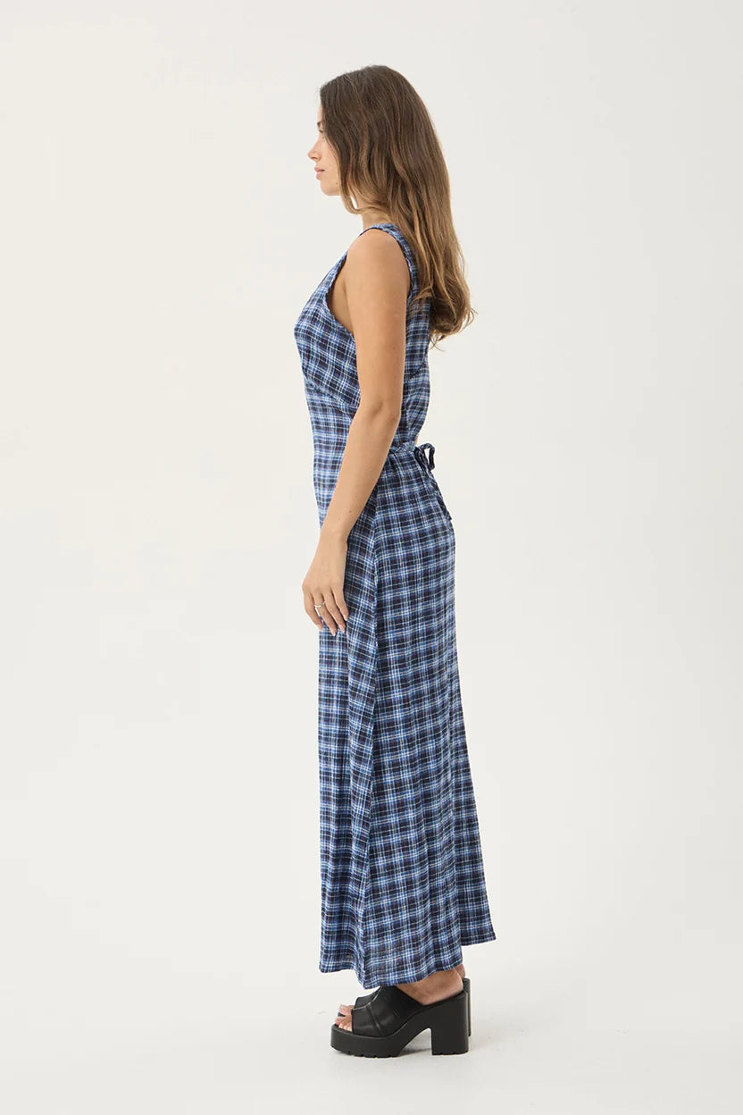 AFENDS MOUNTAIN TULLY HEMP SEERSUCKER MAXI DRESS - NAVY RED CHECK