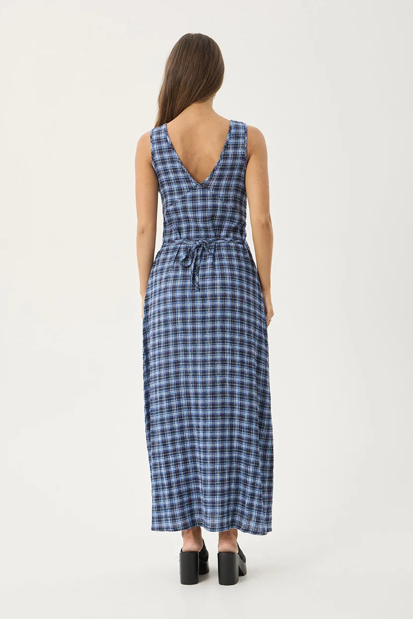 AFENDS MOUNTAIN TULLY HEMP SEERSUCKER MAXI DRESS - NAVY RED CHECK