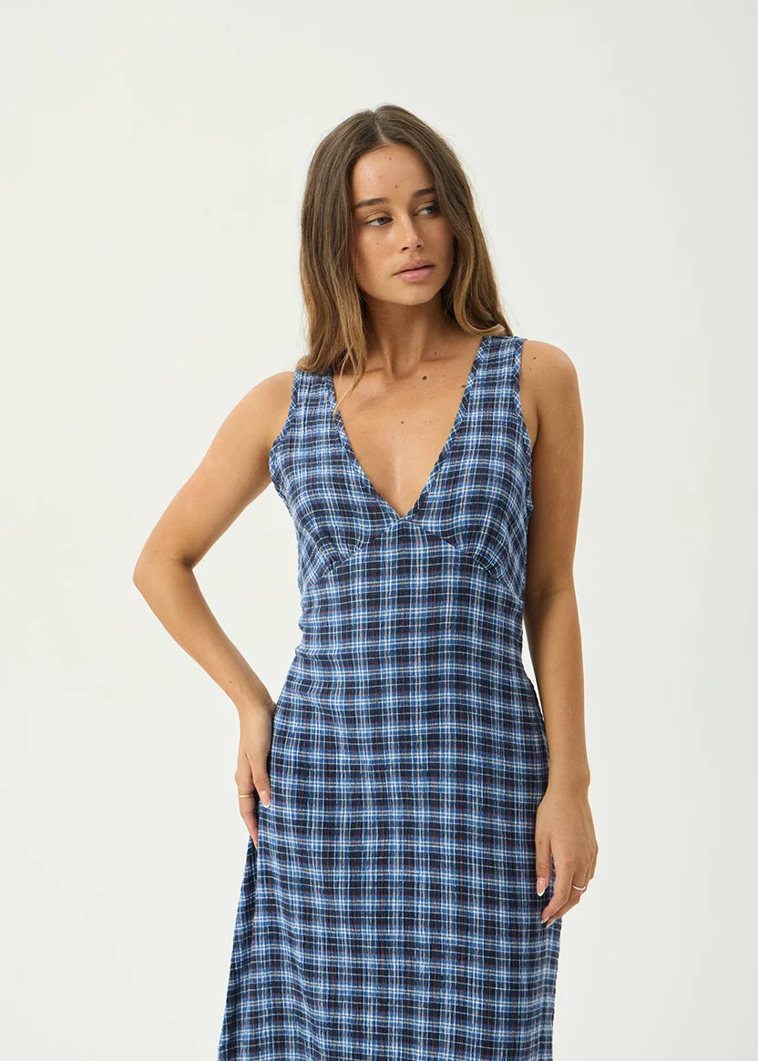 AFENDS MOUNTAIN TULLY HEMP SEERSUCKER MAXI DRESS - NAVY RED CHECK