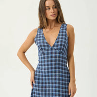 AFENDS MOUNTAIN TULLY HEMP SEERSUCKER MAXI DRESS - NAVY RED CHECK
