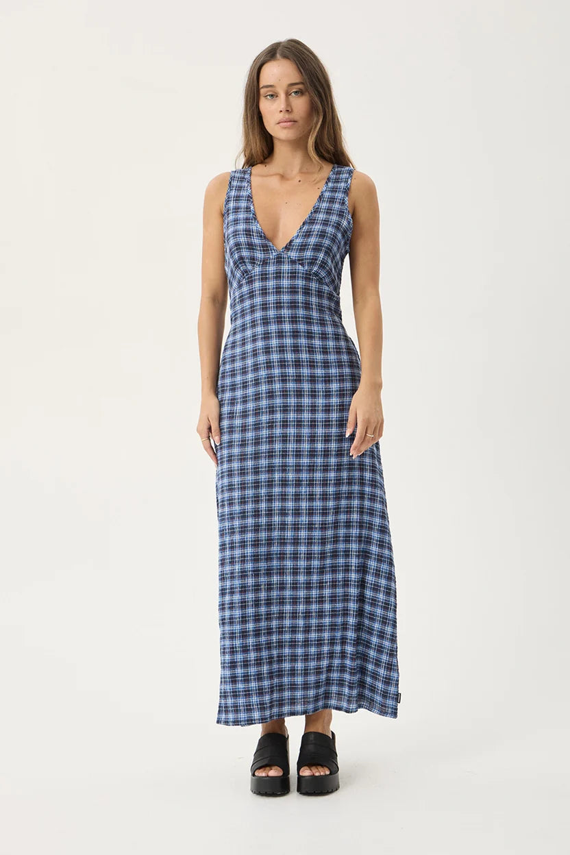 AFENDS MOUNTAIN TULLY HEMP SEERSUCKER MAXI DRESS - NAVY RED CHECK