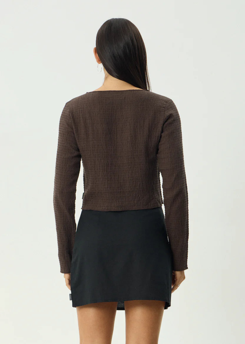 AFENDS FOCUS SEERSUCKER LONG SLEEVE TOP - COFFEE