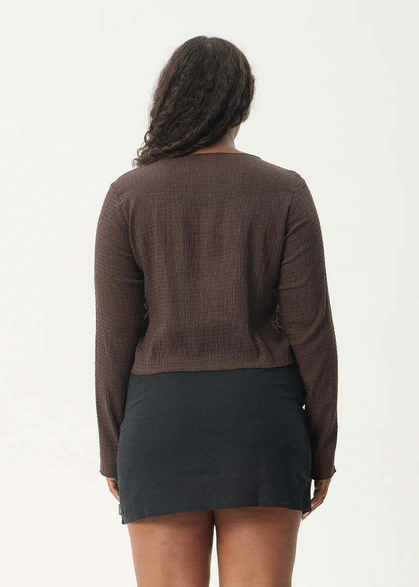 AFENDS FOCUS SEERSUCKER LONG SLEEVE TOP - COFFEE
