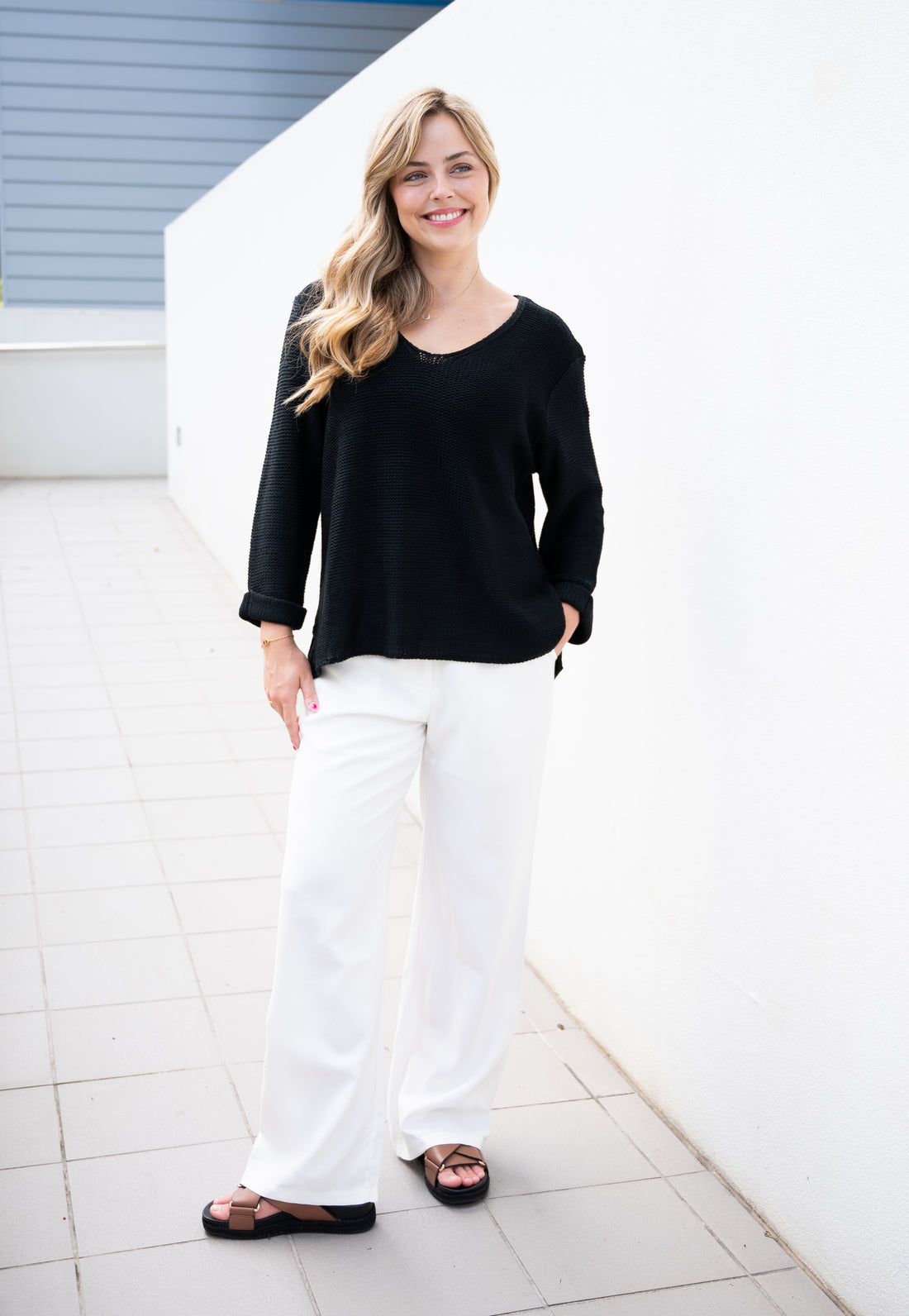 SLIVER WISHES ROLL UP SLEEVE KNIT TOP - BLACK